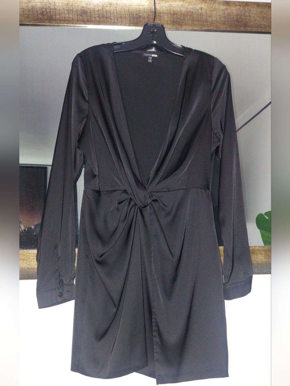 Fashion Nova Black Twist-Front Long Sleeve Dress